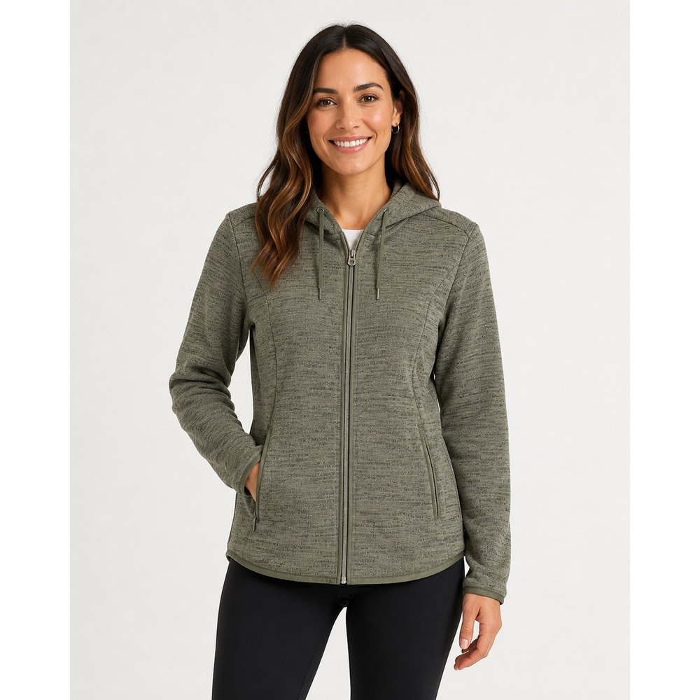 KÜHL Women's Ascendyr full-zip fleece hoodie heathered olive green melange knit.